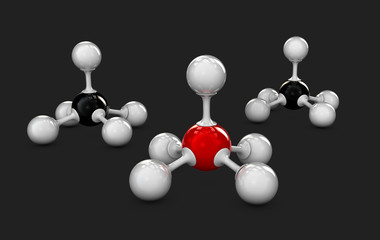 Gray, Black and Red molecules structure, 3D illustration, isolated black