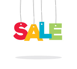 Colorful: red, orange, blue and green hanging sale word like a label tag with shadow isolated on white background, for sale campaigns. 