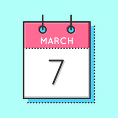 Vector Calendar Icon. Flat and thin line vector illustration. Calendar sheet on light blue background. March 7th