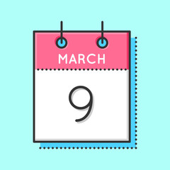 Vector Calendar Icon. Flat and thin line vector illustration. Calendar sheet on light blue background. March 9th