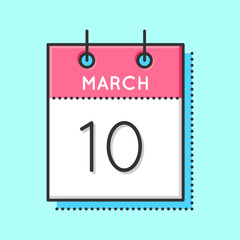 Vector Calendar Icon. Flat and thin line vector illustration. Calendar sheet on light blue background. March 10th