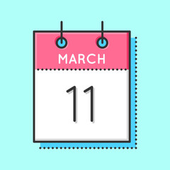 Vector Calendar Icon. Flat and thin line vector illustration. Calendar sheet on light blue background. March 11th