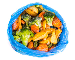 Frozen mixed vegetables in a blue bag