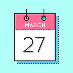 Vector Calendar Icon. Flat and thin line vector illustration. Calendar sheet on light blue background. March 27th