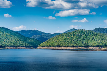 Lake with mountain and blue sky background