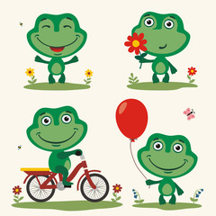 Vector set funny frog play on meadow. Collection isolated frog on bicycle, with balloon and flower in cartoon style.