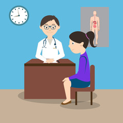 Doctor sitting at the table in the office. Woman at the doctor