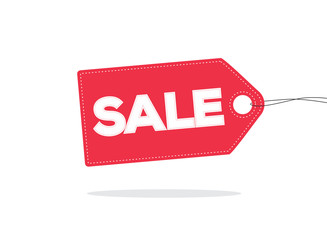 Red price tag label with sale word on it and with shadow isolated on white background. For summer sale campaigns. 