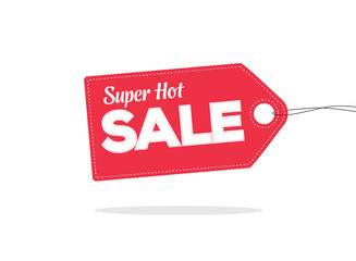 Red price tag label with super hot sale word on it and with shadow isolated on white background. For summer sale campaigns. 