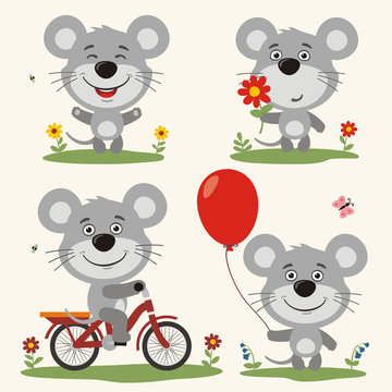 Vector set funny mouse play on meadow. Collection isolated mouse on bicycle, with balloon and flower in cartoon style.