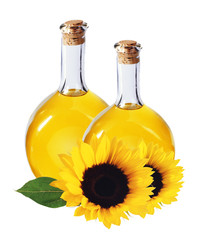 oil in bottles and sunflowers, isolated on white