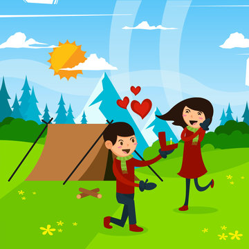 Modern Cute Romantic Outdoor Camping Trip Proposal Outdoor Camping Trip Proposal Illustration, Suitable for Invitation, Web Banner, Social Media, and Other Valentine Related Occasion