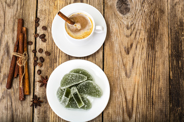 Green apple marmalade and coffee with milk