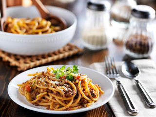 spaghetti pasta dinner on plate with meat sauce and oregano