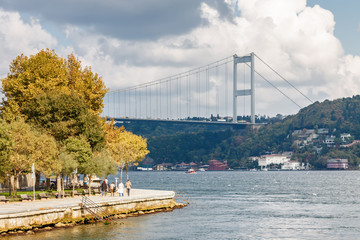 Sunny view from pleasure boat to Bosphorus, Istanbul, Turkey.
