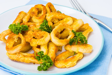 Fried squid rings in breadcrumbs