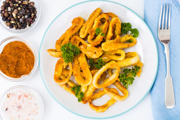 Fried squid rings in breadcrumbs