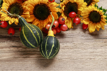 Sunflowers, miniature pumpkins and rosa canina twigs (rose hip)