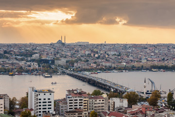 Sunset view from Galata tower to Golden Horn, Istanbul, Turkey.