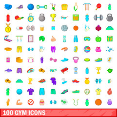 100 gym icons set, cartoon style