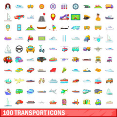 100 transport icons set, cartoon style