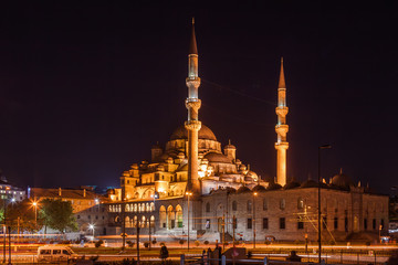 Fototapeta na wymiar Night view of mesque near Borphorus and Galata bridge, Istanbul, Turkey.