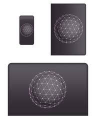 Collection graphics covers for technology device. Template case or sticker for mobile phone, tablet and laptop. Mockup for branding, advertising, business and corporate identity. Vector illustration