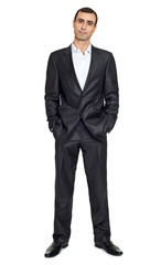 adult man in black suit posing, white space background