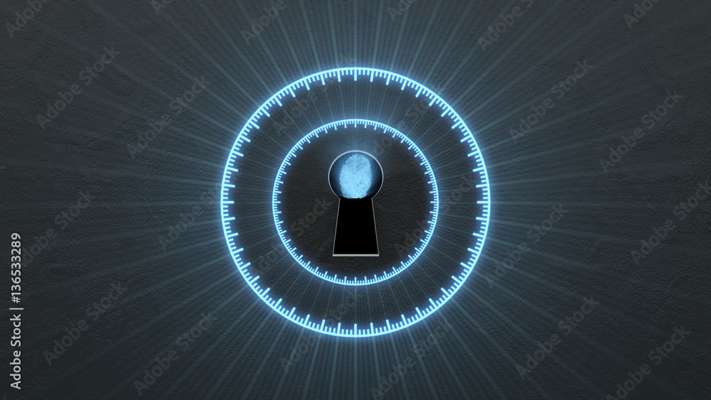 Poster security concept: fingerprint in the keyhole and technology element. cybersecurity.