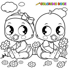 Babies playing in the garden. Vector black and white coloring page.