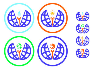 Icons environmental protection and recycling, symbol yin yang within globe inside ring. Blue, green and orange colors.