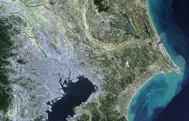Tokyo from Landsat satellite. Elements of this image furnished by NASA