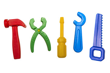 red toy hammer, screwdriver yellow, green pliers, saw a dark blue, light blue wrench on white background isolated flat