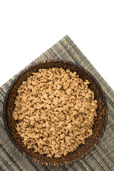 Eco food soy mince in a wooden bowl