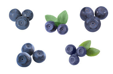 large blueberries composition set with leaves isolated on white background