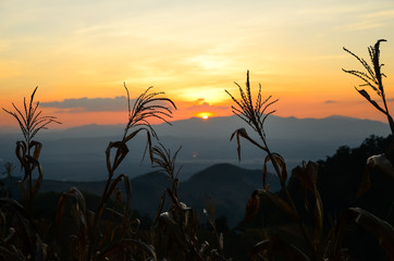 Sunset through the clouds with silhouetted mountians