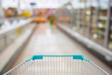 Shopping Cart View in Supermarket Aisle Milk Yogurt Frozen Food