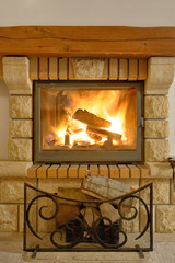 Roaring flames in  fireplace