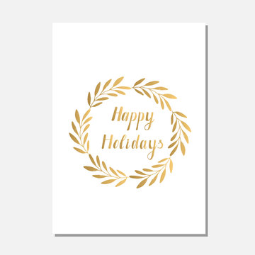 Gold vector Christmas greeting cards. Hand drawn foil illustration. Wreath and Holidays lettering on white background