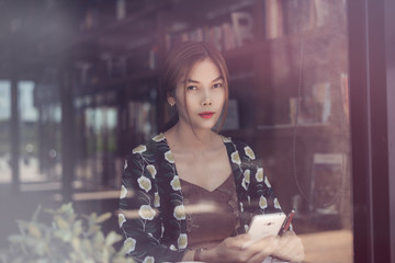 City lifestyle,business asian woman using smartphone,business lifestyle concept.