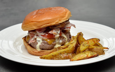 detail of tasty hamburger with potato on white plate