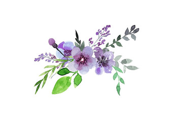 Hand drawing composition of floral elements in blue and purple c