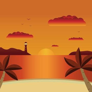   Vector a flat landscape a summer sunset with the beach and palm trees at the sea.Summer card with sunset background.Sunset over the sea.Seascape with a view from a bay on a beacon.