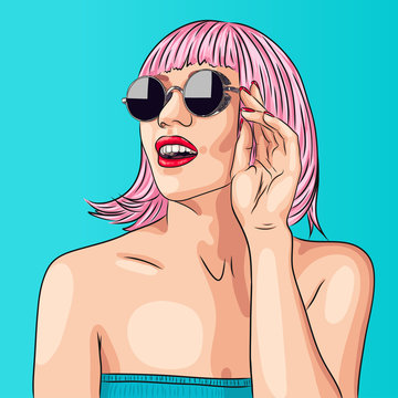 Vector Beautiful Woman Wearing Pink Wig And Sunglasses