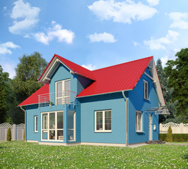 Fototapeta na wymiar Ein blaues Einfamilienhaus in blühender Natur im Sommer am Tag.