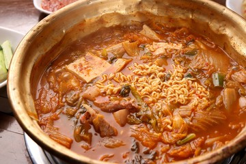 kimchi jjigae with noodles. kimchi stew and noodles