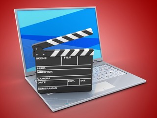 Fototapeta na wymiar 3d illustration of laptop over red background with blue screen and film clap