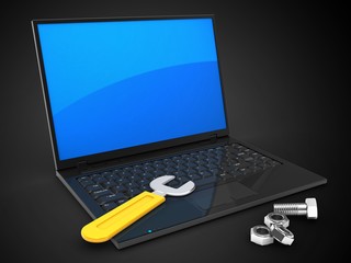 3d illustration of laptop computer over black background with blue reflection screen and wrench and nuts