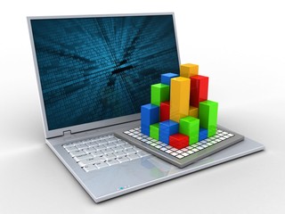 3d illustration of laptop over white background with binary data screen and diagram