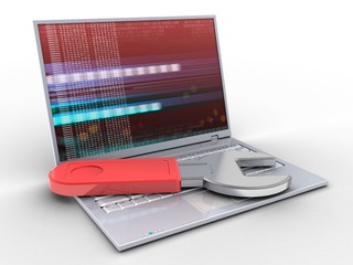 Obraz na płótnie Canvas 3d illustration of laptop over white background with red digital screen and wrench
